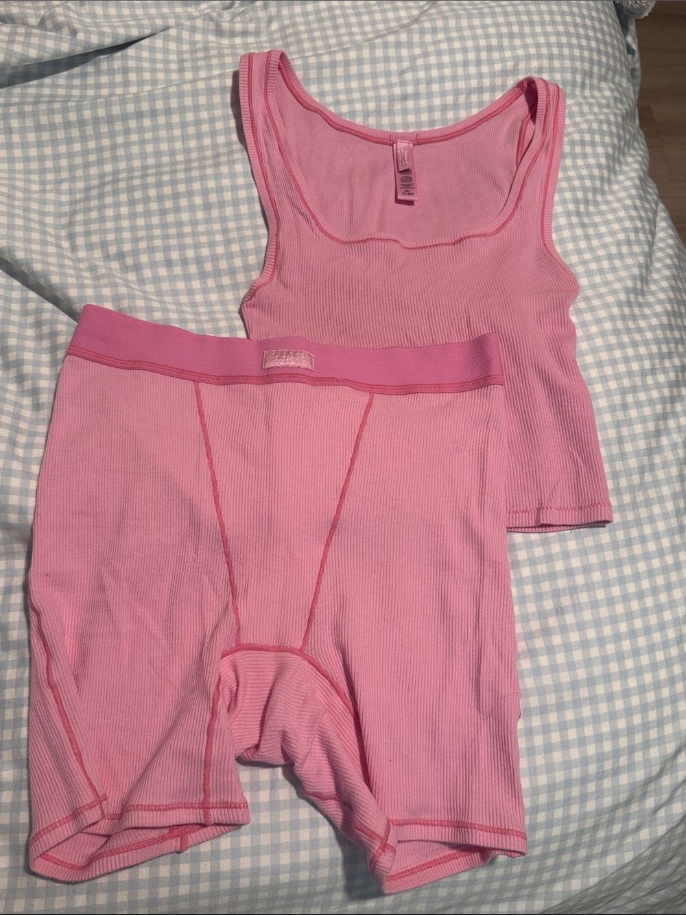 SKIMS Pink Ribbed Tank and Boxer Short Set